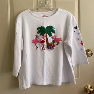 Christmas 3/4 Sleeve Knit Shirt with Flamingos, Palm Tree, Presents Women’s XL
